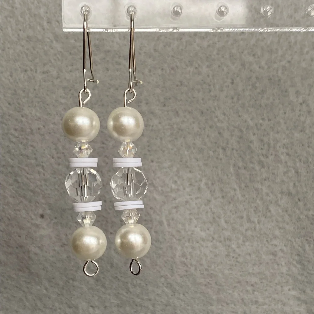 Hand crafted clear, and white faux‎ pearl long dangle earrings